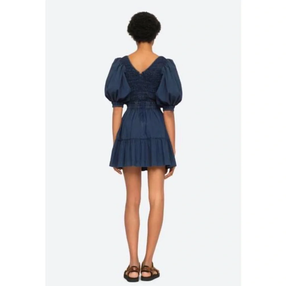 SEA NEW YORK New York Navy Blue Smocked Mini Dress Puff Sleeve 100% Cotton‎ Sz 8